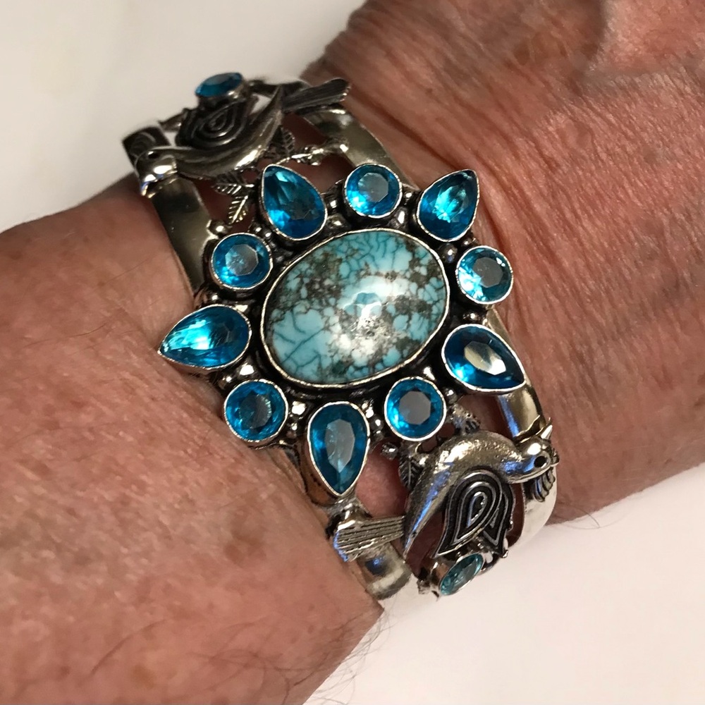 Turquoise Blue Topaz Stamped 925 Sterling Silver Cuff Bracelet